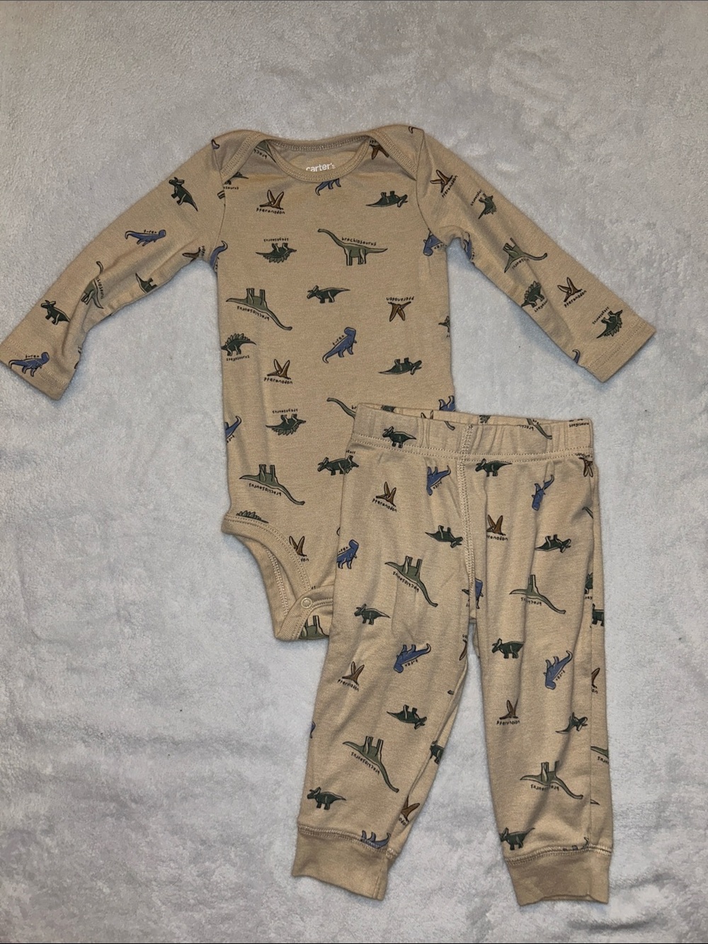 Carter’s Beige Dinosaur Print Matching Set Onesie and Pants - Kids